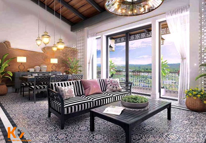 Phòng khách phong cách Indochine thu hút với vẻ mộc mạc giữa hiện đại và cổ điển châu Âu