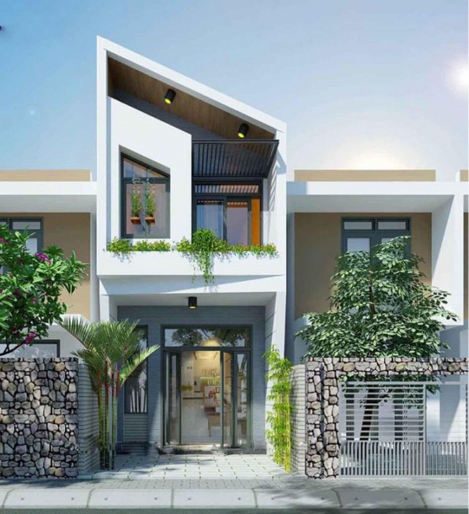 nhà ống 2 thầng 3 phòng ngủ có mái lệch