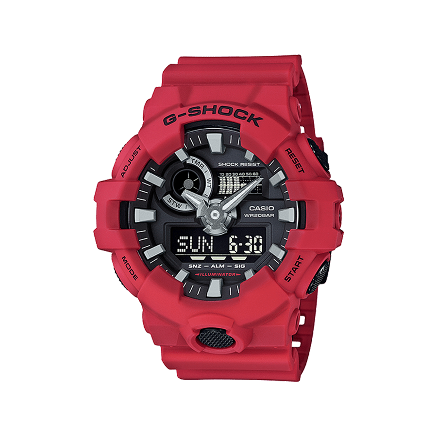 G Shock GA-700-4A kết hợp kim-số độc đáo với nút bấm ở vị trí 6h khiến nó thêm năng động, cá tính