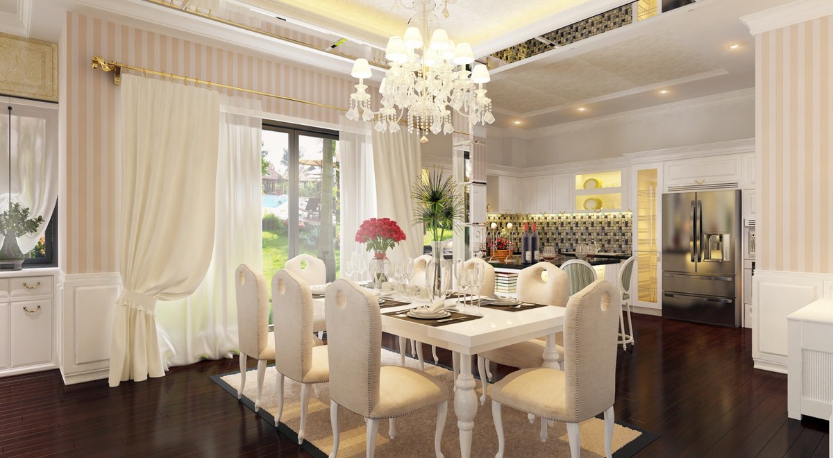 Bàn ăn rộng sang trọng của biệt thự châu Âu cổ điển