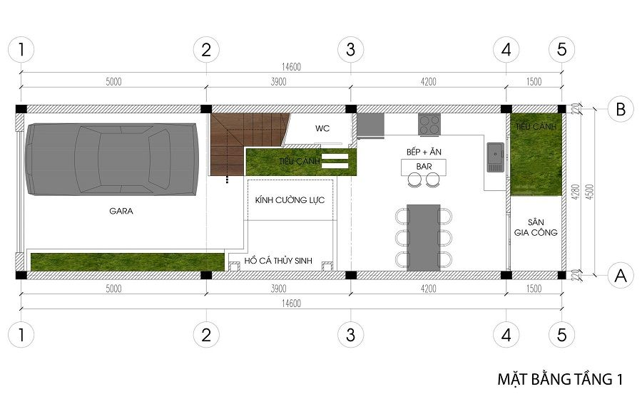 Mặt bằng tầng 1 nhà phố hiện đại 5 tầng với gara, bếp ăn và tiểu cảnh