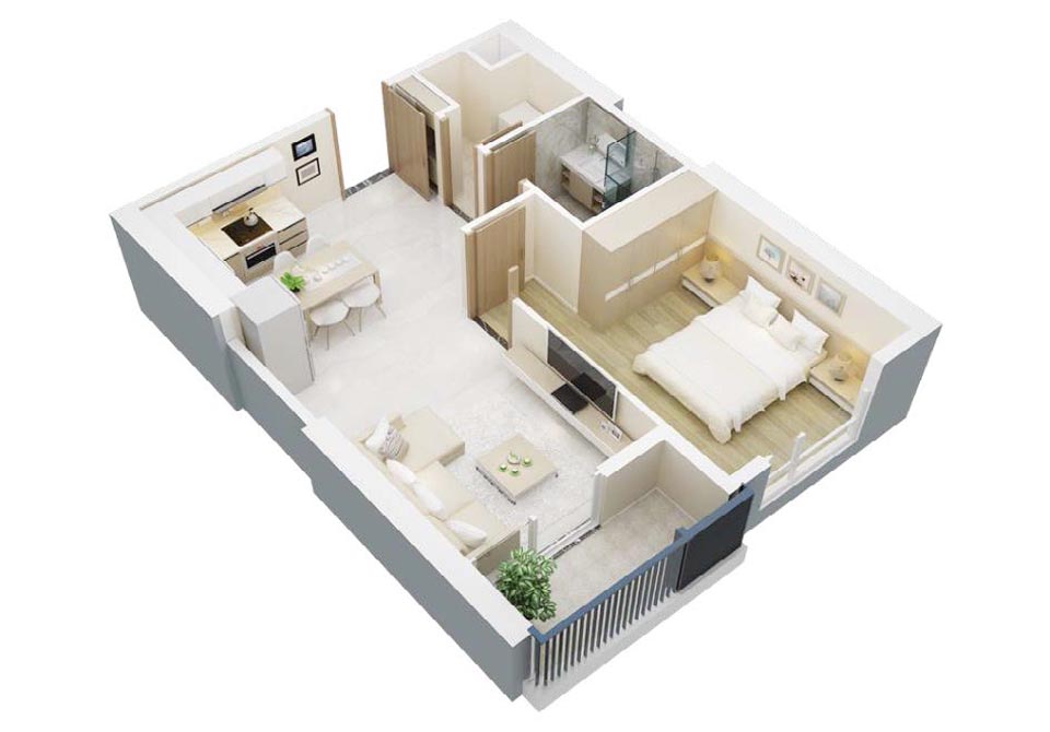 Thiết kế chung cư 1 phòng ngủ với gam trắng tinh khôi