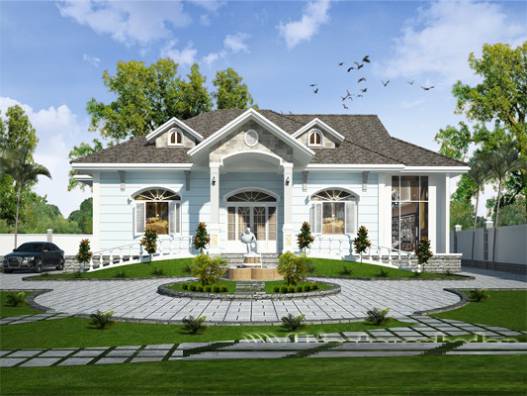 Thiết kế sân vườn tinh tế là đặc trưng nổi bật của mẫu nhà này