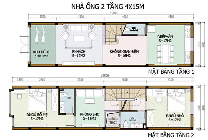 Mặt bằng chi tiết nhà 2 tầng tiện nghi có 2 phòng ngủ 