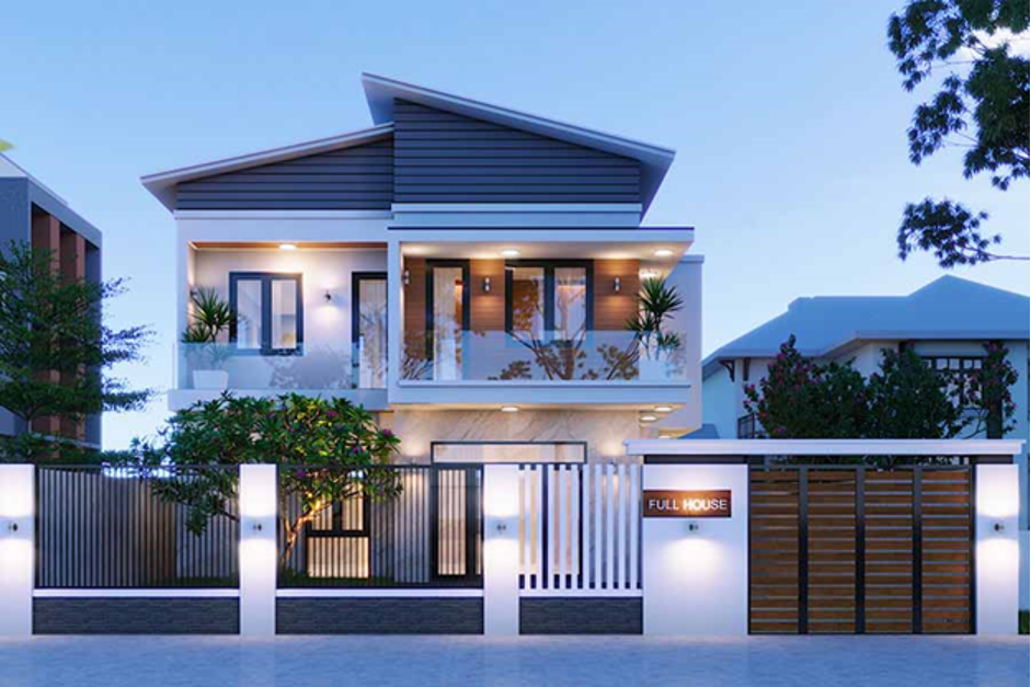 nhà 2 tầng 700 triệu thiết kế mái lệch