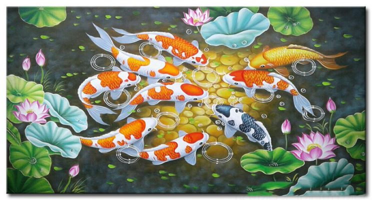 Tranh cá chép và hoa sen thể hiện sự dư dả về tiền tài liên tục