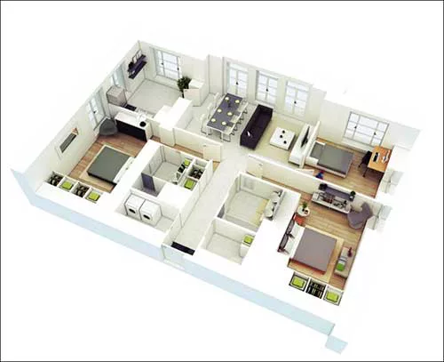 Mặt bằng thiết kế nhà 1 tầng 3 phòng ngủ 100m2