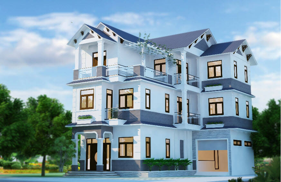 Không gian ngoại thất tươi mới, hiện đại với tông màu xanh da trời nhạt