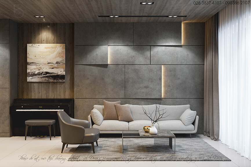 Phòng khách đẹp mắt cùng thiết kế tường bê tông kết hợp đèn LED ẩn
