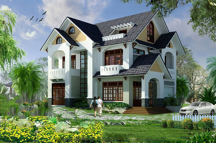 Thiết kế nhà 3 tầng mái thái kết hợp sân vườn rộng rãi