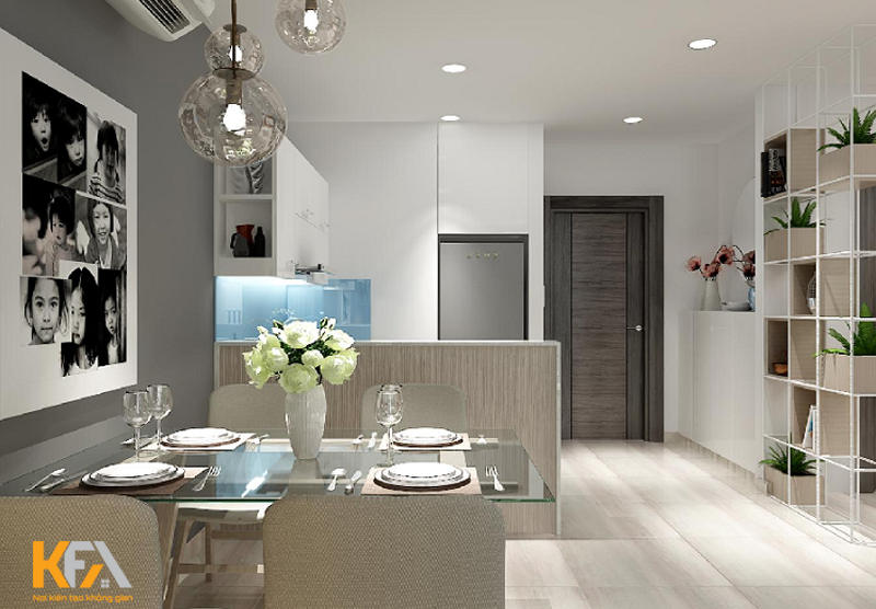 Ý tưởng phòng khách được thiết kế liên thông với phòng bếp để tiết kiệm diện tích