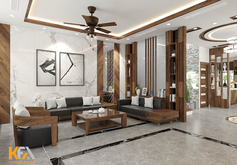 Phòng khách chung cư gỗ óc chó
